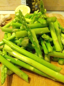 Ingredients: asparagus,  garlic, ginger, olive oil, salt and pepper